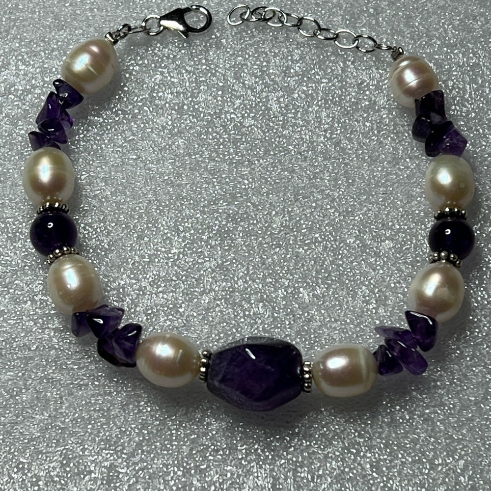 Vintage Ross Simons Sterling Purple Amethyst and Pearl Bracelet